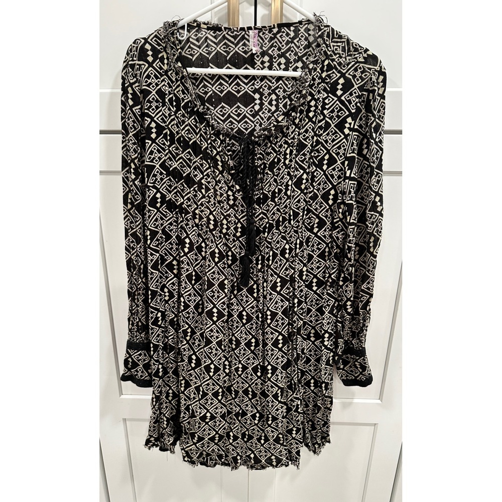 Free People Tunic Top Bohemian Print‎ Long Sleeve Blouse Black Beige M